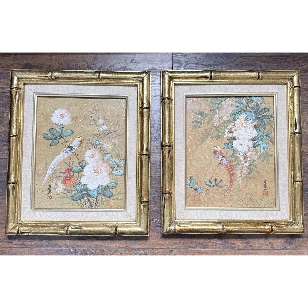 Vintage Mid Century Chinese Bird & Flower Painting Pair Gold Faux Bamboo Frame